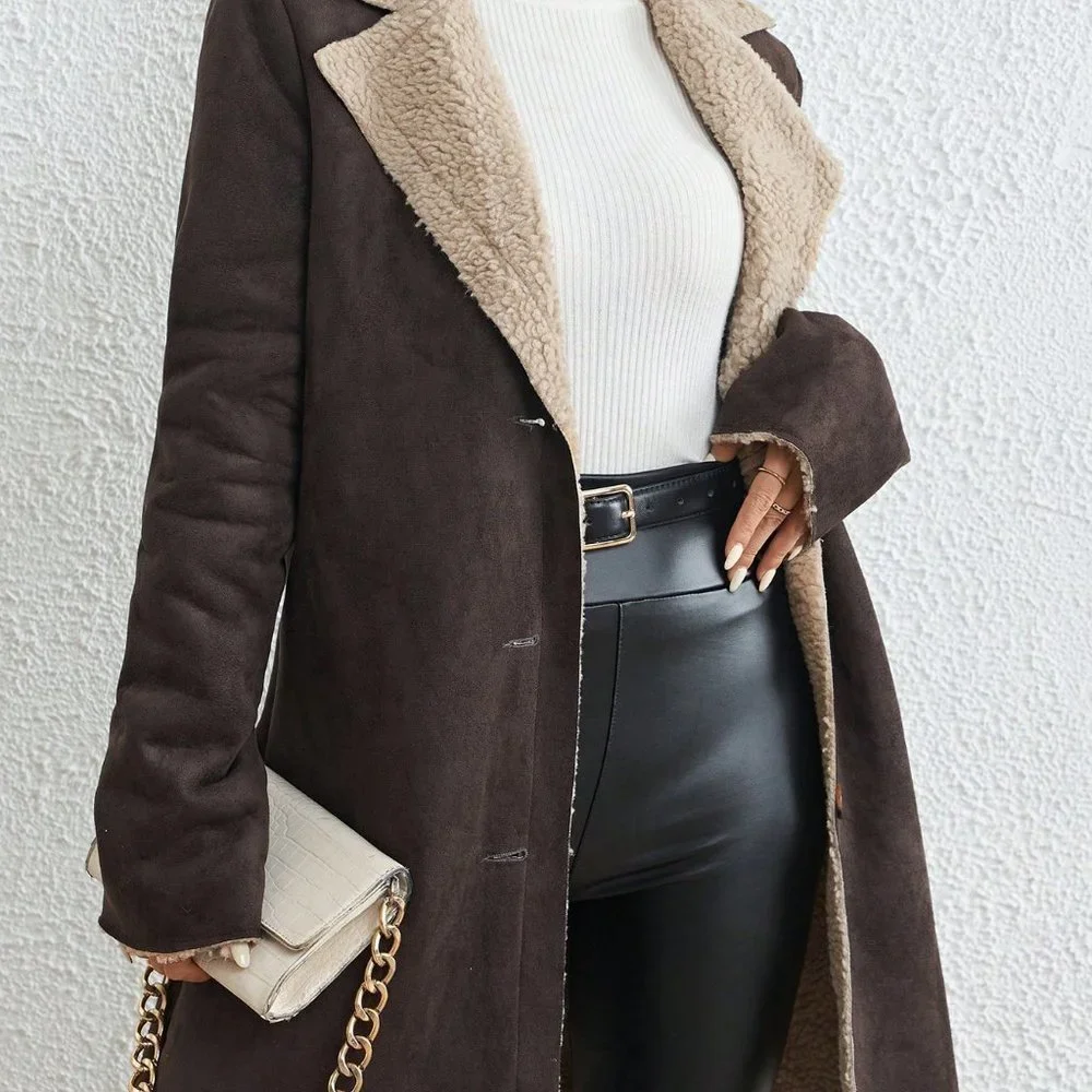Brown Preppy Womens Lapel Collar Teddy Lined Suedette Coat - Picture 2 of 5